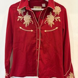 NWT Scully Red Western Shirt with Embroidered Floral Design